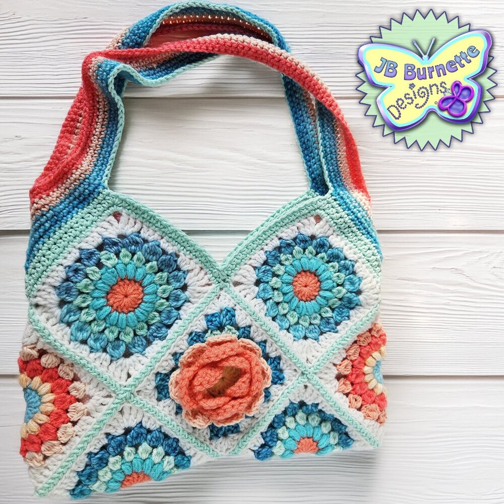 Handmade Crochet Caribbean Seaside Bag, Coral Rose, Lined Summer Shoulder Bag